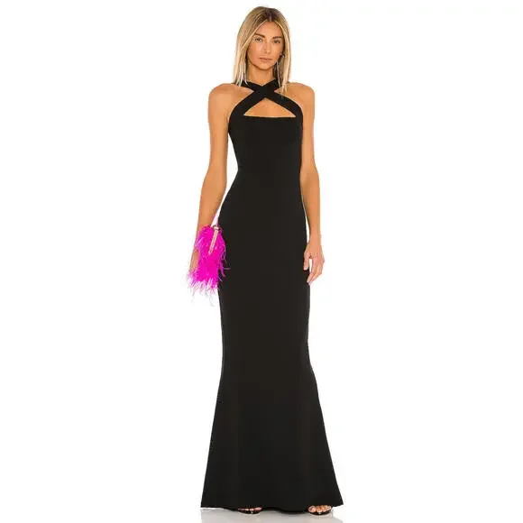 long black dress with plunging neckline Elegant Sydney Maxi Dress in Black main image 0